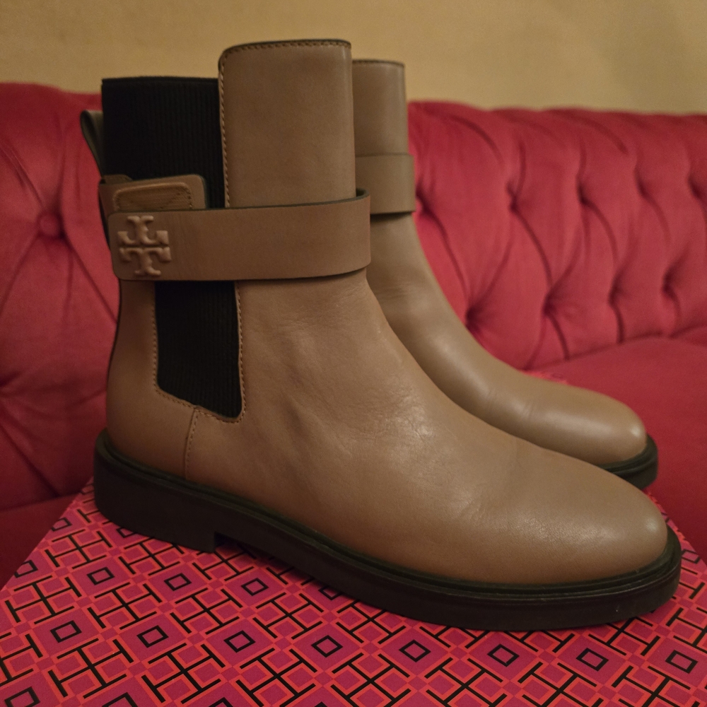 Tory Burch Tan Ankle Boots with Logo Strap